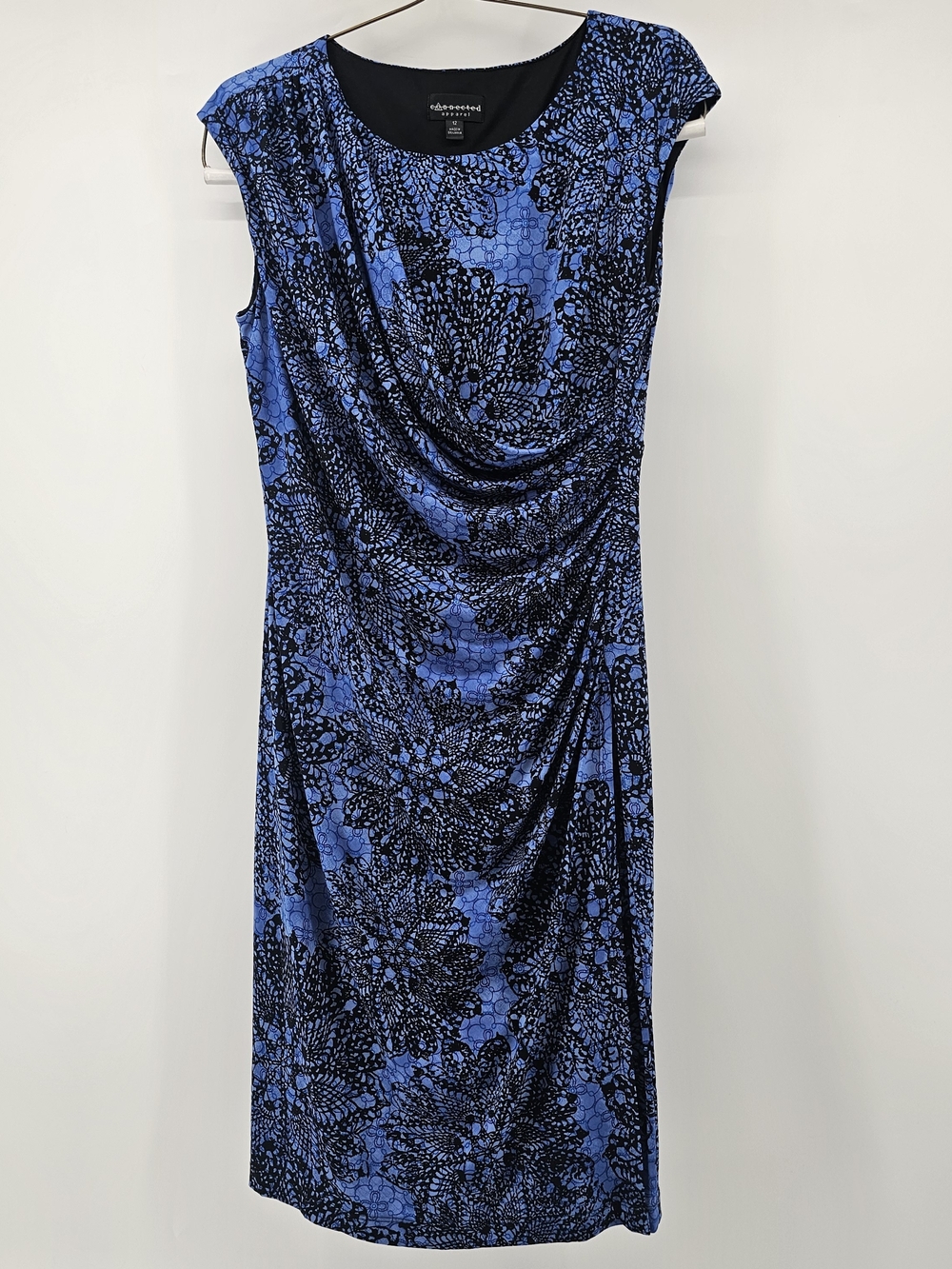 Connected Apparel Blue Black Lace Print Ruched Faux Wrap Sheath Dress 12‎